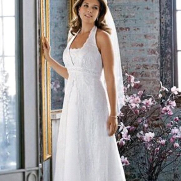 David's Bridal SZ 22 Ivory Lace Halter Cut Empire Waist Wedding Gown Romantic - Picture 3 of 13